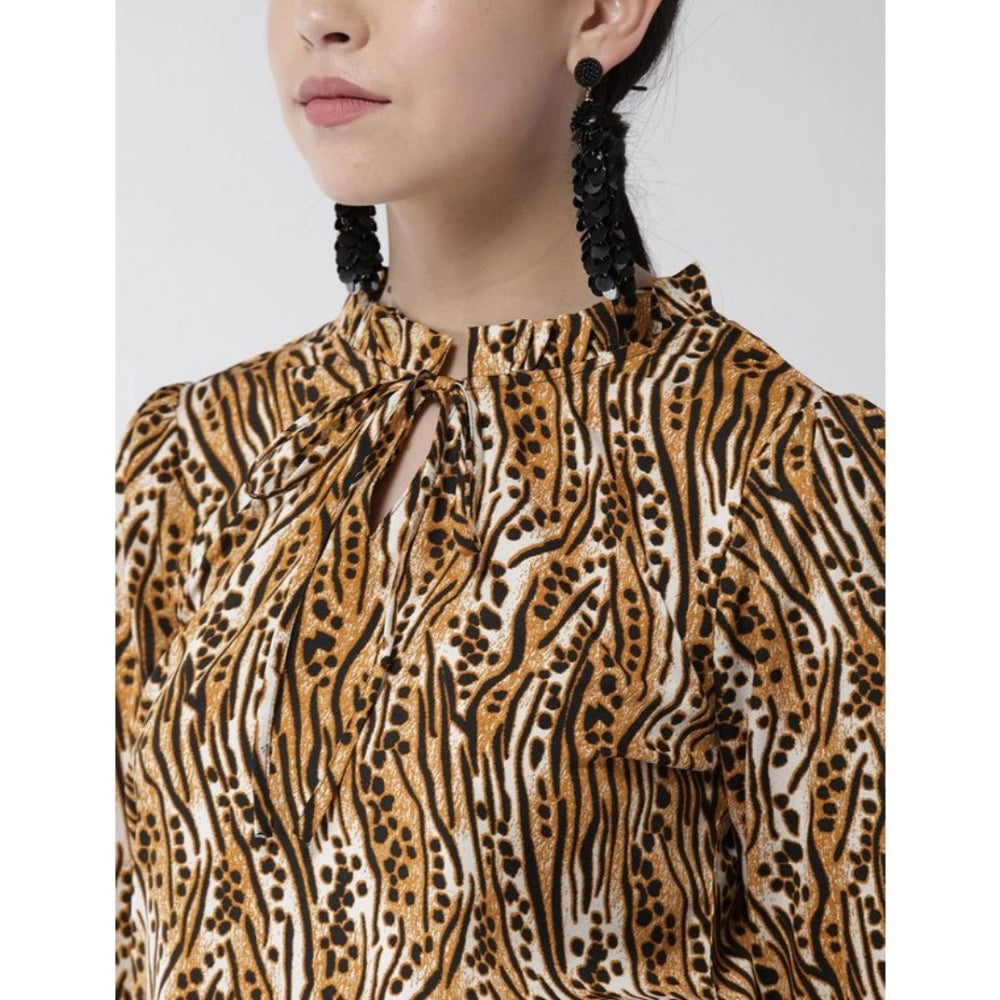 Orange & black polyester printed bell sleeve top for women, closed neck design on fashion mannequin