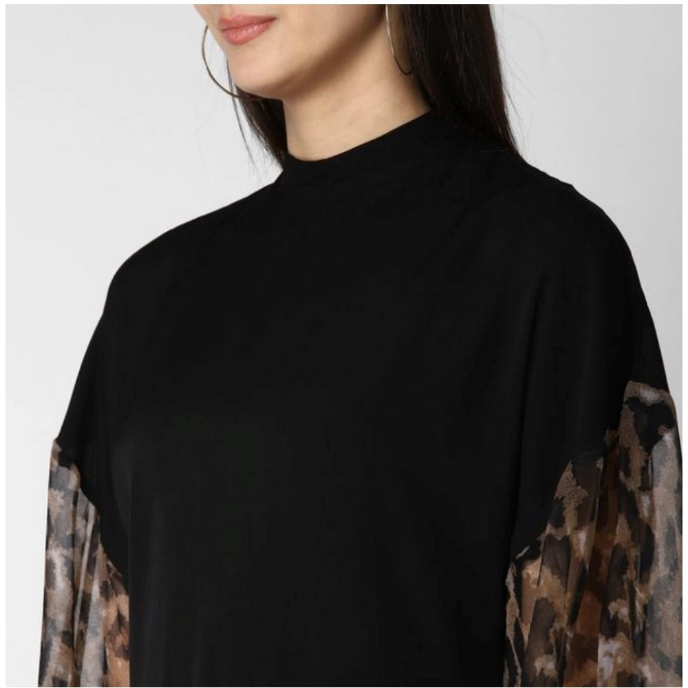 Black polyester animal print long-sleeve top for women, closed neck, suitable for casual wear or fashion events
