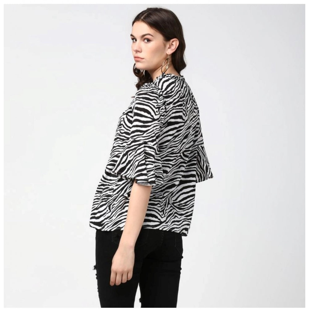 Black & White animal print bell sleeve top on model, women's polyester fashion with collar neckline