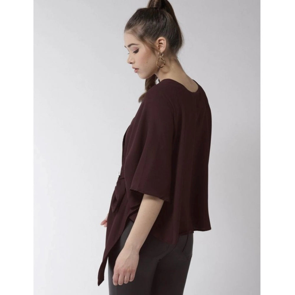 Maroon polyester solid cape sleeve top for women's fashion, vibrant V-neck style