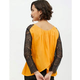 Yellow rayon lace insert long sleeves top with round neck