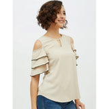 Beige tiered polyester cold shoulder top for women, versatile summer fashion piece