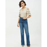 Beige polyester tiered cold shoulder top for women, round neckline, ideal for summer fashion