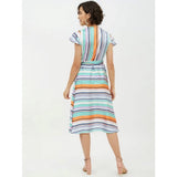 Multicolor striped satin short sleeve knee-length dress for women