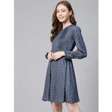 Grey & Coral polyester polka long sleeves above knee dress for women, featuring round neck and polka pattern