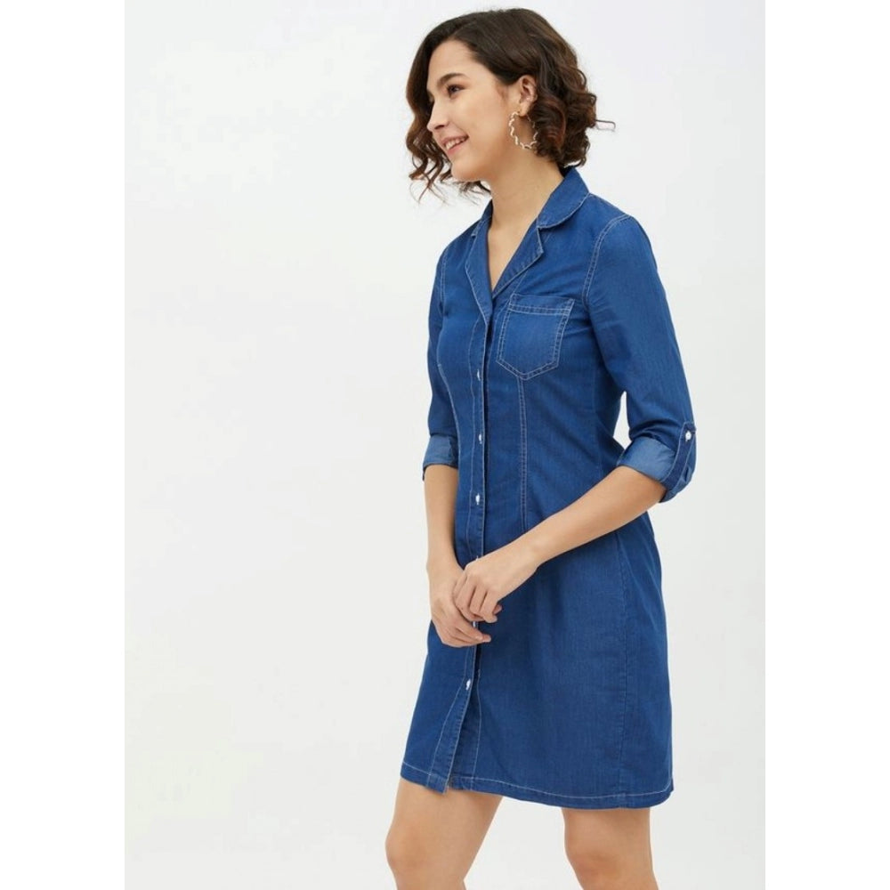 Blue denim women's long-sleeved dress with solid pattern, ideal for casual events