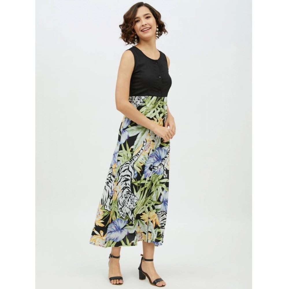Multicolor rayon floral sleeveless calf-length dress on mannequin, natural light photography