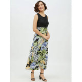Multicolor rayon floral sleeveless calf-length dress on mannequin, natural light photography