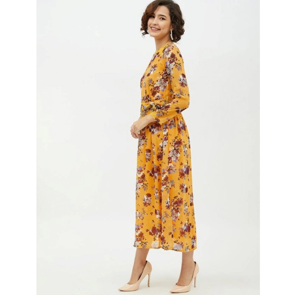 Multicolor polyester floral long sleeve calf-length dress for women, vibrant pattern on display