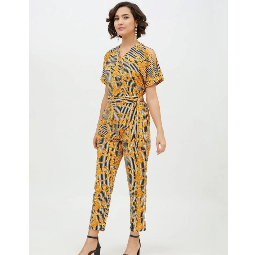 Yellow polyester printed half-sleeve long jumpsuit for women, vibrant pattern design on display