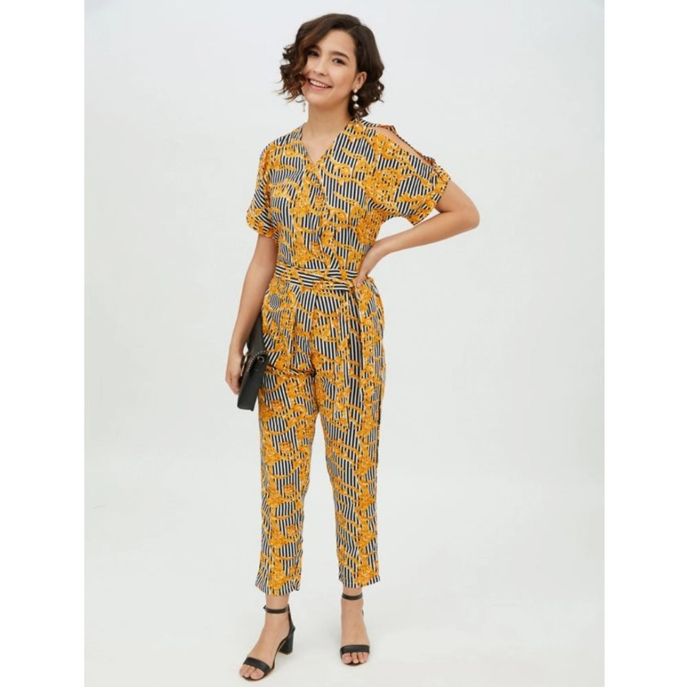 Yellow polyester printed half-sleeve long jumpsuit with V-neck on model