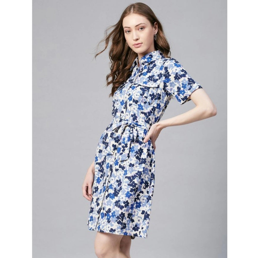 Blue & White Polyester Floral Short Sleeve Dress for Women - Collar neck, above knee length on model