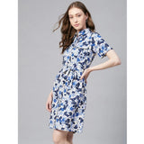 Blue & White Polyester Floral Short Sleeve Dress for Women - Collar neck, above knee length on model