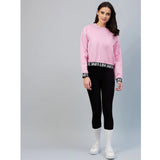 Pink fleece women's long-sleeve solid sweatshirt on model, round neck design