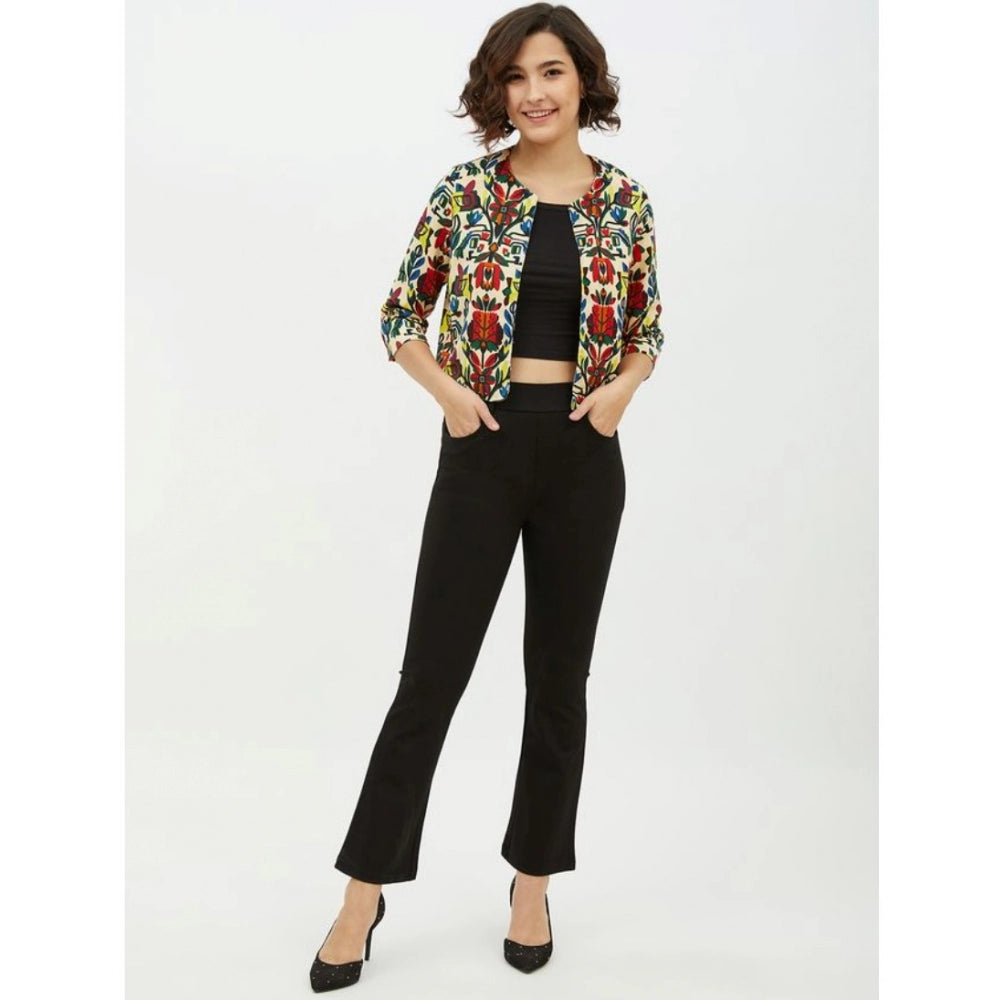 Multicolor polyester floral 3/4-sleeve shrug for women, round neck design, vibrant floral pattern on display
