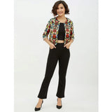 Multicolor polyester floral 3/4-sleeve shrug for women, round neck design, vibrant floral pattern on display