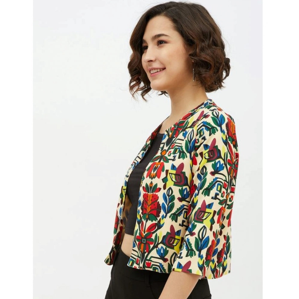 Multicolor polyester floral 3/4-sleeve shrug for women, fashionable casual wear with round neck