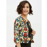 Multicolor polyester floral 3/4 sleeve shrug for women, round neck, vibrant floral pattern