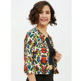 Multicolor polyester floral 3/4th sleeves shrug for women, vibrant floral print on round neck