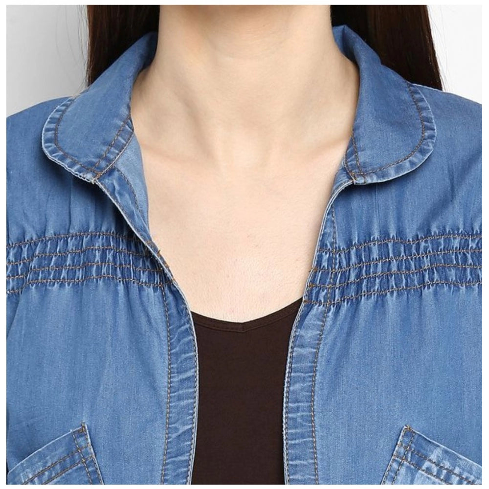 Blue denim smocking 3/4th sleeves shrug with collar detail, intricate stitching on women's fashion accessory