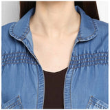 Blue denim smocking 3/4th sleeves shrug with collar detail, intricate stitching on women's fashion accessory