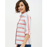 Pink cotton striped long-sleeve shirt for women, standard length on clothing rack