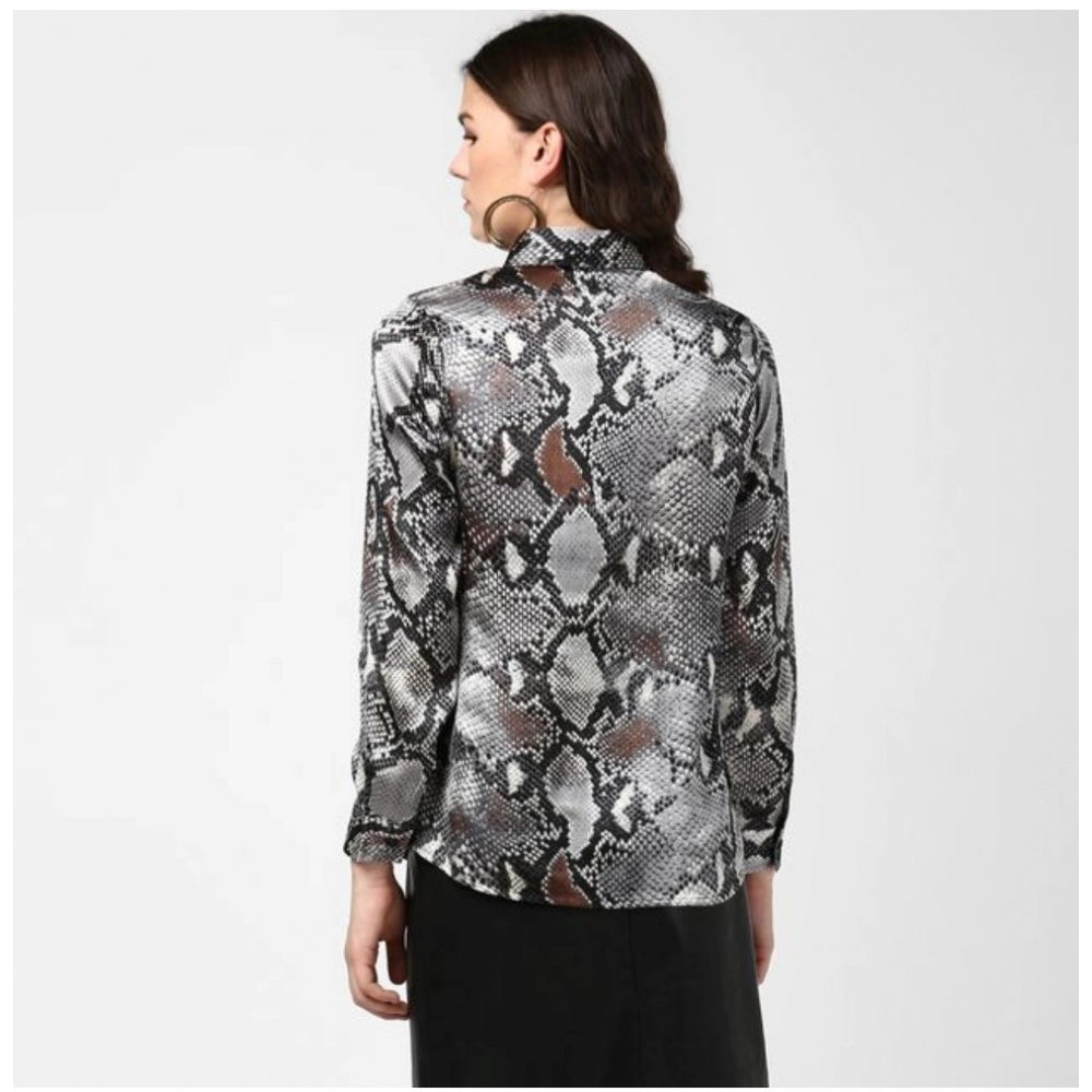 Black & Grey satin animal print long sleeve shirt, women's fashion on model