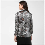 Black & Grey satin animal print long sleeve shirt, women's fashion on model
