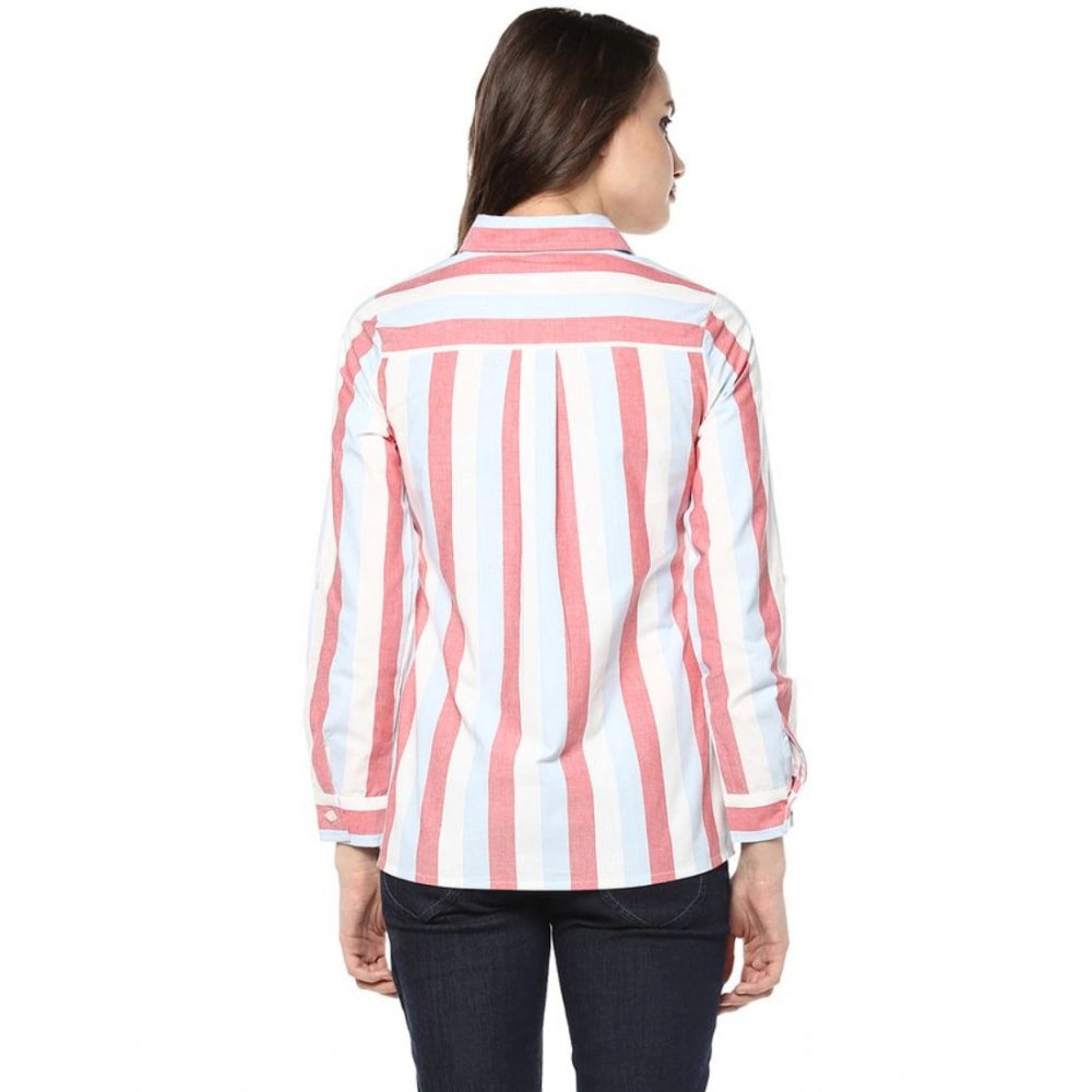 Red striped cotton roll-up sleeve regular top for women