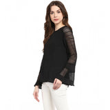 Black polyester georgette bell sleeve top with self design pattern, suitable for casual wear