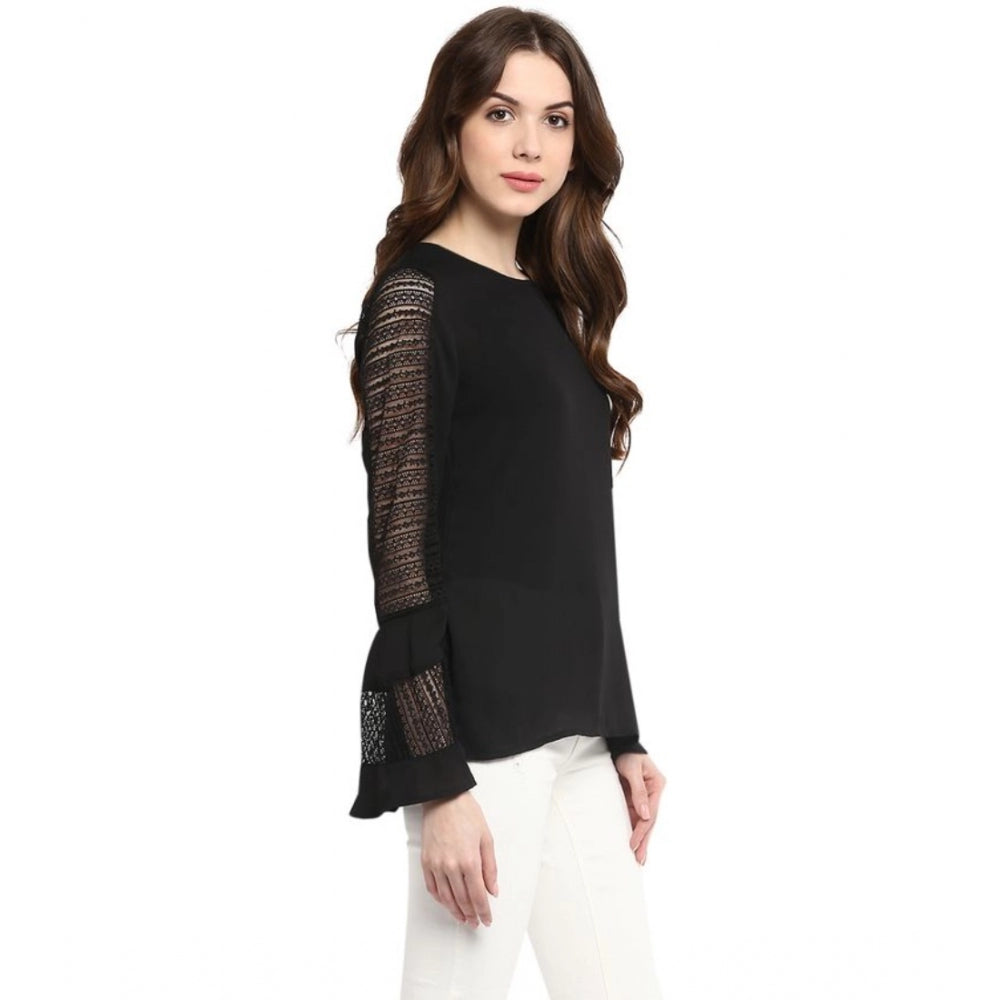 Black polyester georgette bell sleeve top for women, self-designed pattern on display