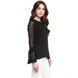 Black polyester georgette bell sleeve top for women, self-designed pattern on display