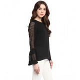 Black polyester georgette self-design bell sleeve top on model