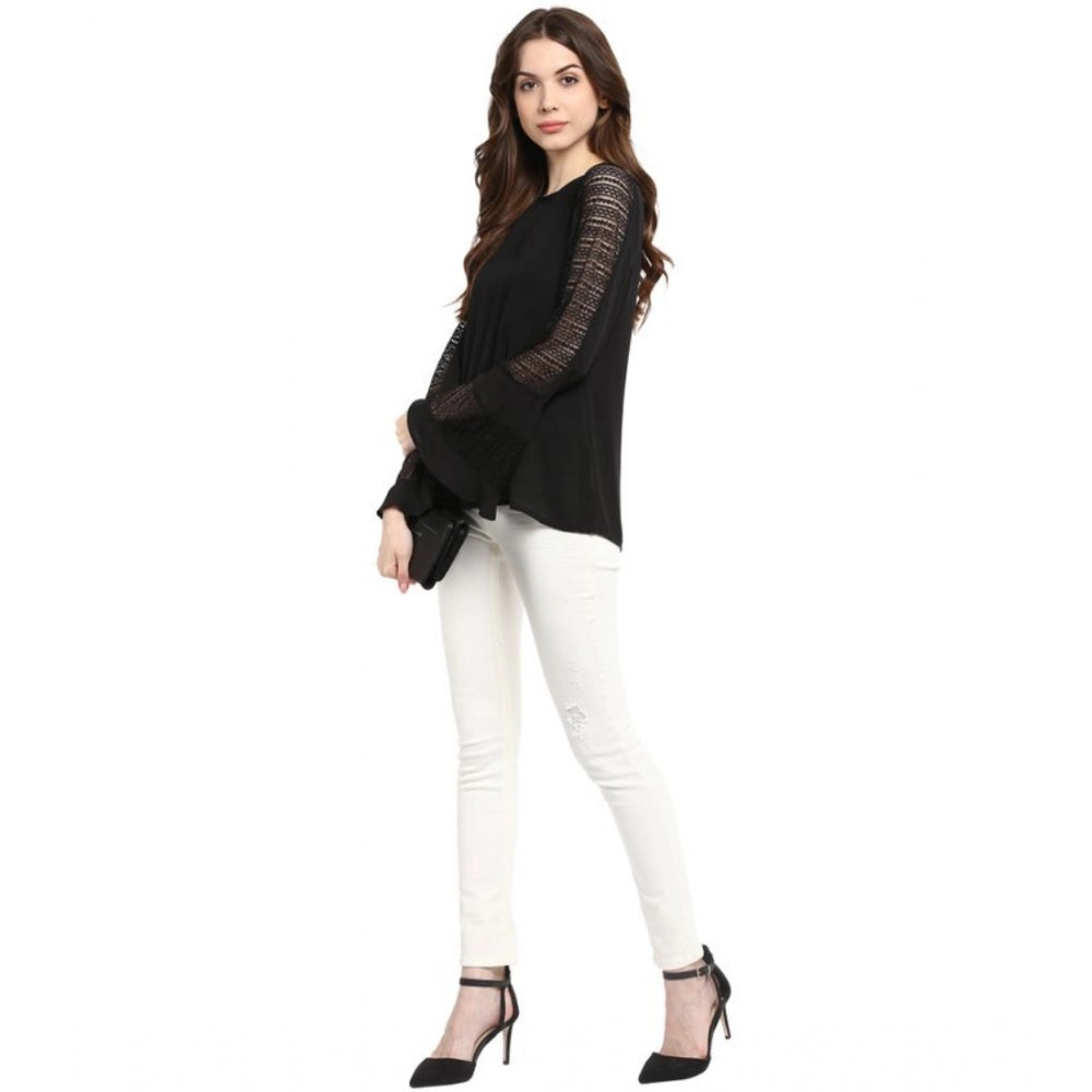 Black polyester georgette bell sleeve top with self-design pattern for women's fashion