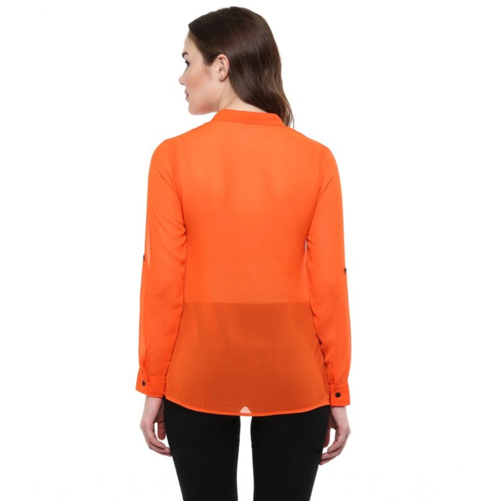 Orange polyester women's long sleeve solid top with mandarin collar and ties