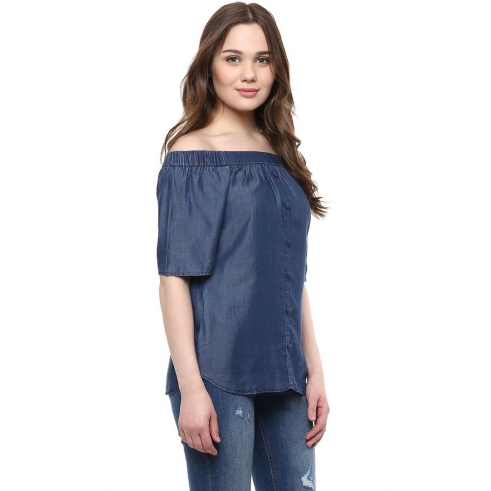 Blue denim women's short-sleeve top with off-shoulder neck, cotton-based solid design