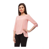 Peach polyester solid 3/4th sleeves regular top for women, round neck and solid pattern