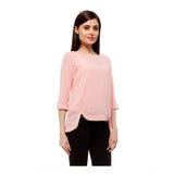 Peach polyester solid 3/4 sleeves women's top on hanger, regular length round neck style