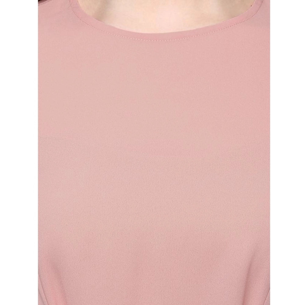 Pink polyester long sleeve solid top for women, round neck, regular length