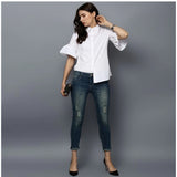 Women's white cotton bell sleeve top - solid, collar neckline style, fashionable for casual wear