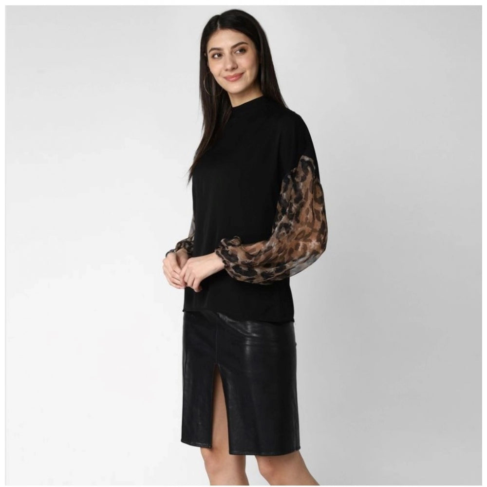 Black polyester animal print long sleeves top with closed neck, vibrant pattern detail