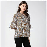 Orange & black polyester animal print bell sleeve top for women's fashion, collar neckline, patterned accessory on mannequin