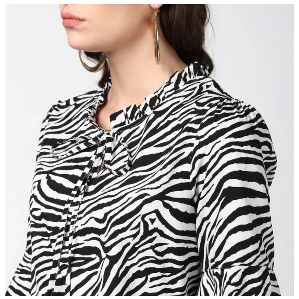 Black & White animal print bell sleeve top on model, women's polyester fashion top with collar neckline