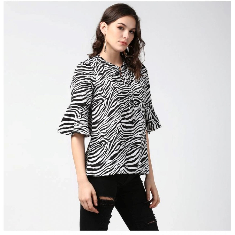 Black & White polyester animal print bell sleeve top for women's fashion, close-up view with collar detail