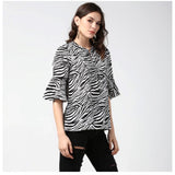 Black & White polyester animal print bell sleeve top for women's fashion, close-up view with collar detail