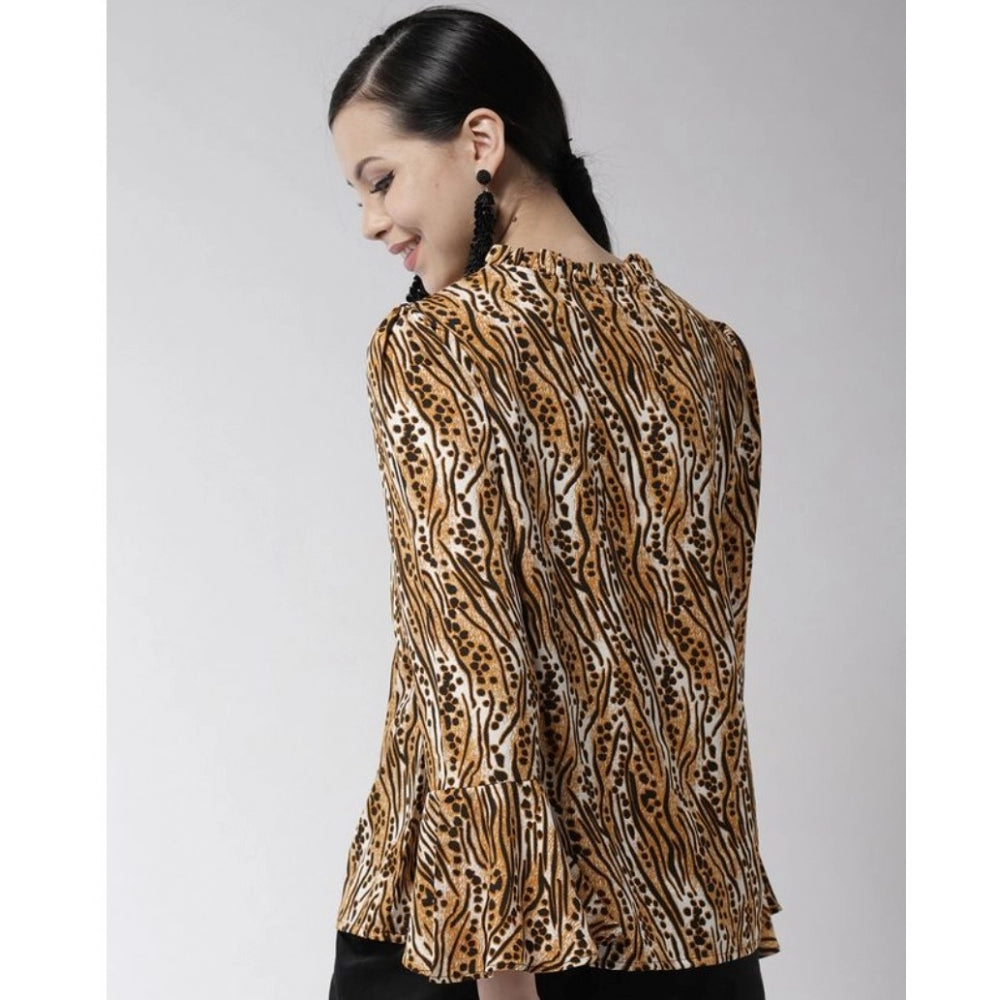 Orange & black polyester printed bell sleeve top for women, close-up detail on model