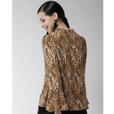 Orange & black polyester printed bell sleeve top for women, close-up detail on model