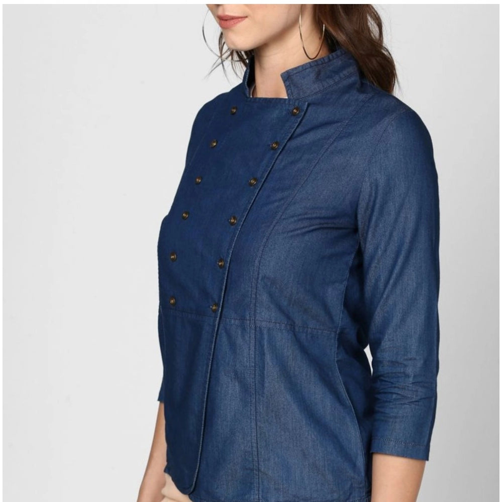Blue denim 3/4th sleeves women's top - solid pattern, collar neck style
