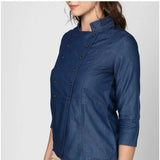 Blue denim 3/4th sleeves women's top - solid pattern, collar neck style