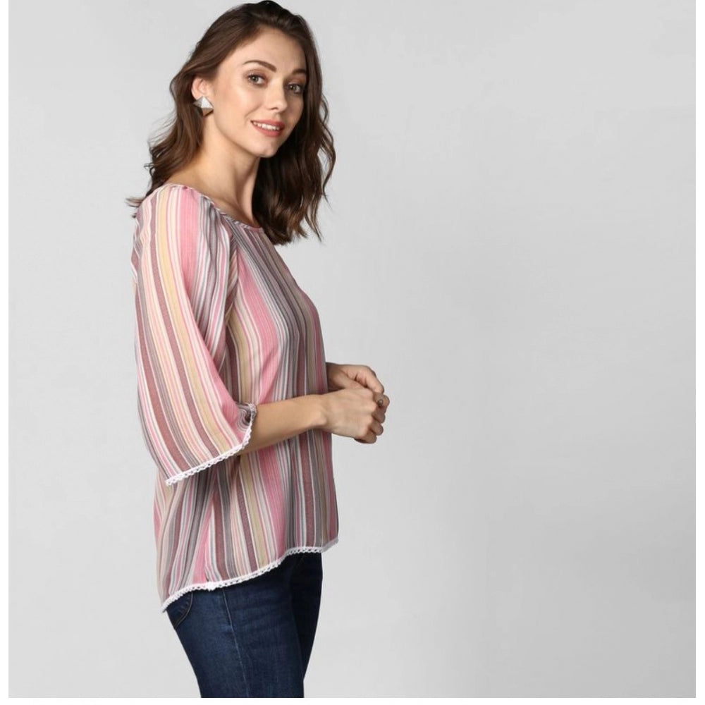 Pink polyester striped 3/4-sleeve top for women, round neck style